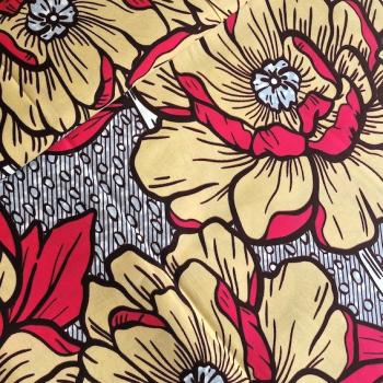 Preview: Afrikanischer Wax Print Stoff Baumwolle RED BEIGE FLOWERS